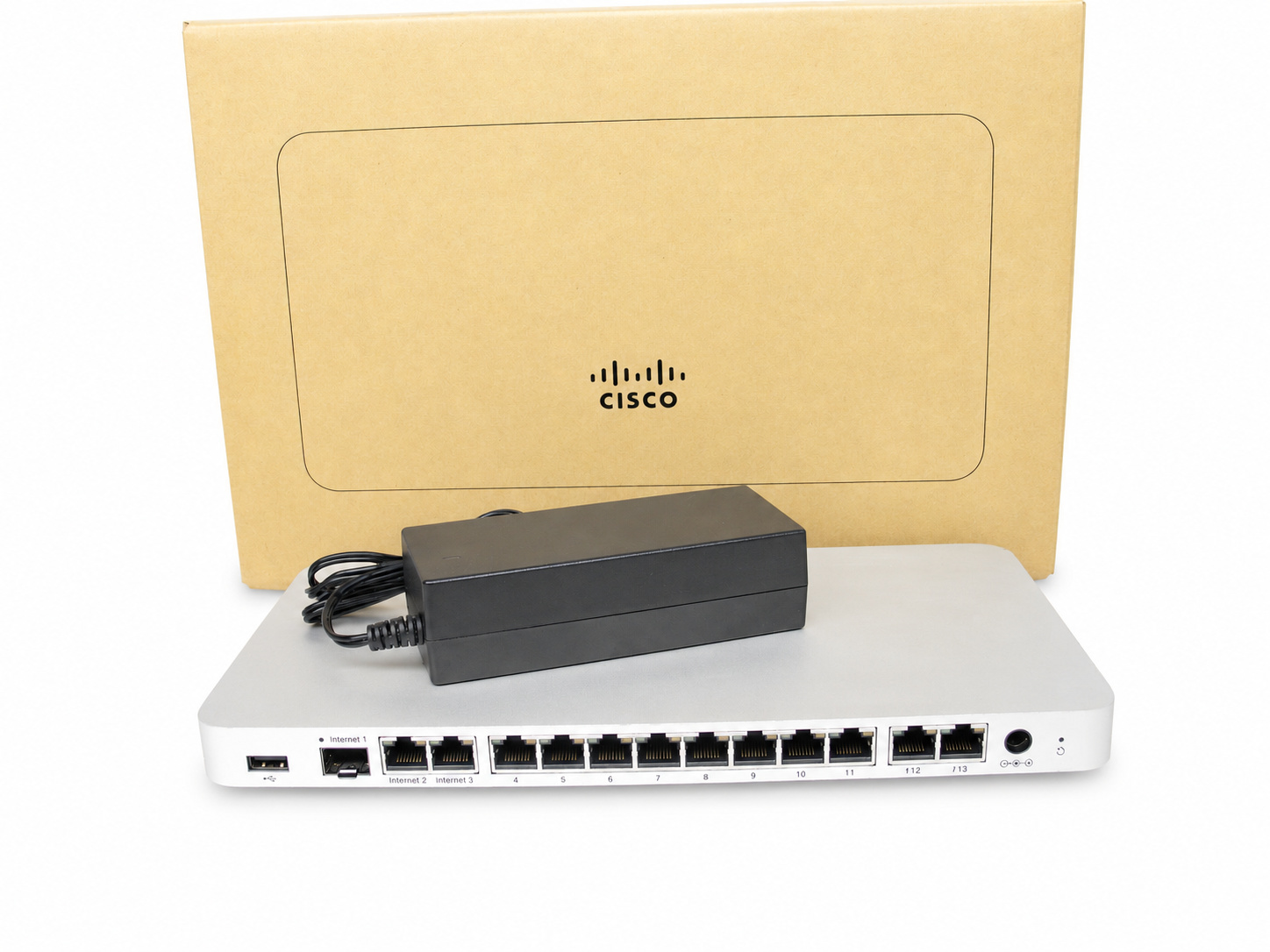 Meraki security appliance with power adapter and carton