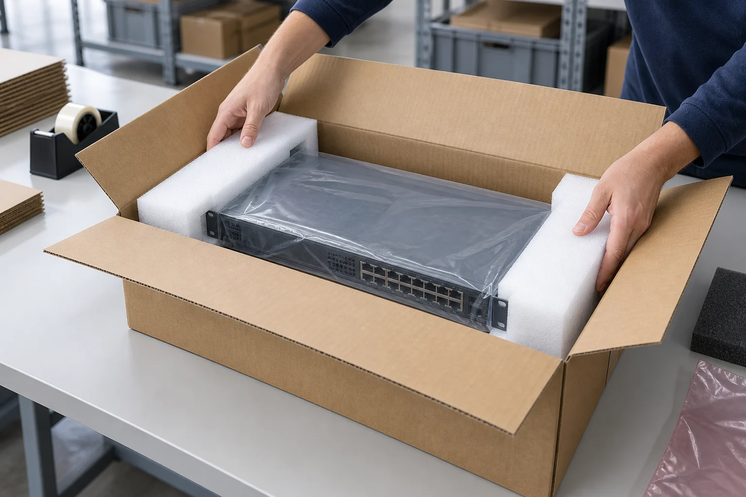 Illustration of a network appliance in protective packaging