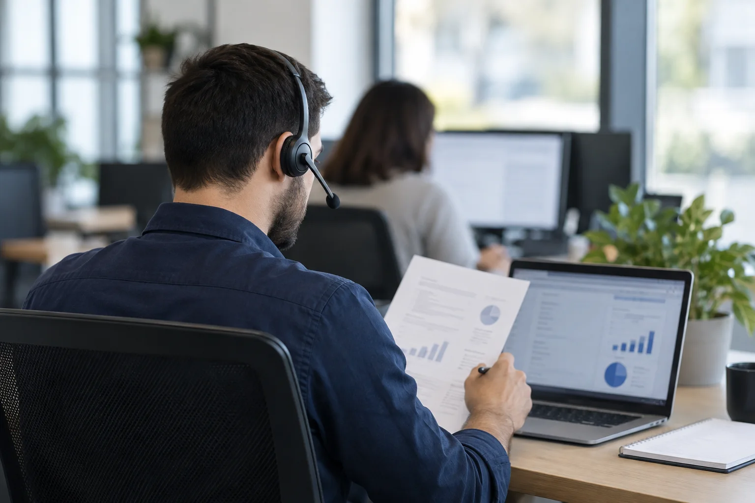 a customer-service representative reviewing an inquiry