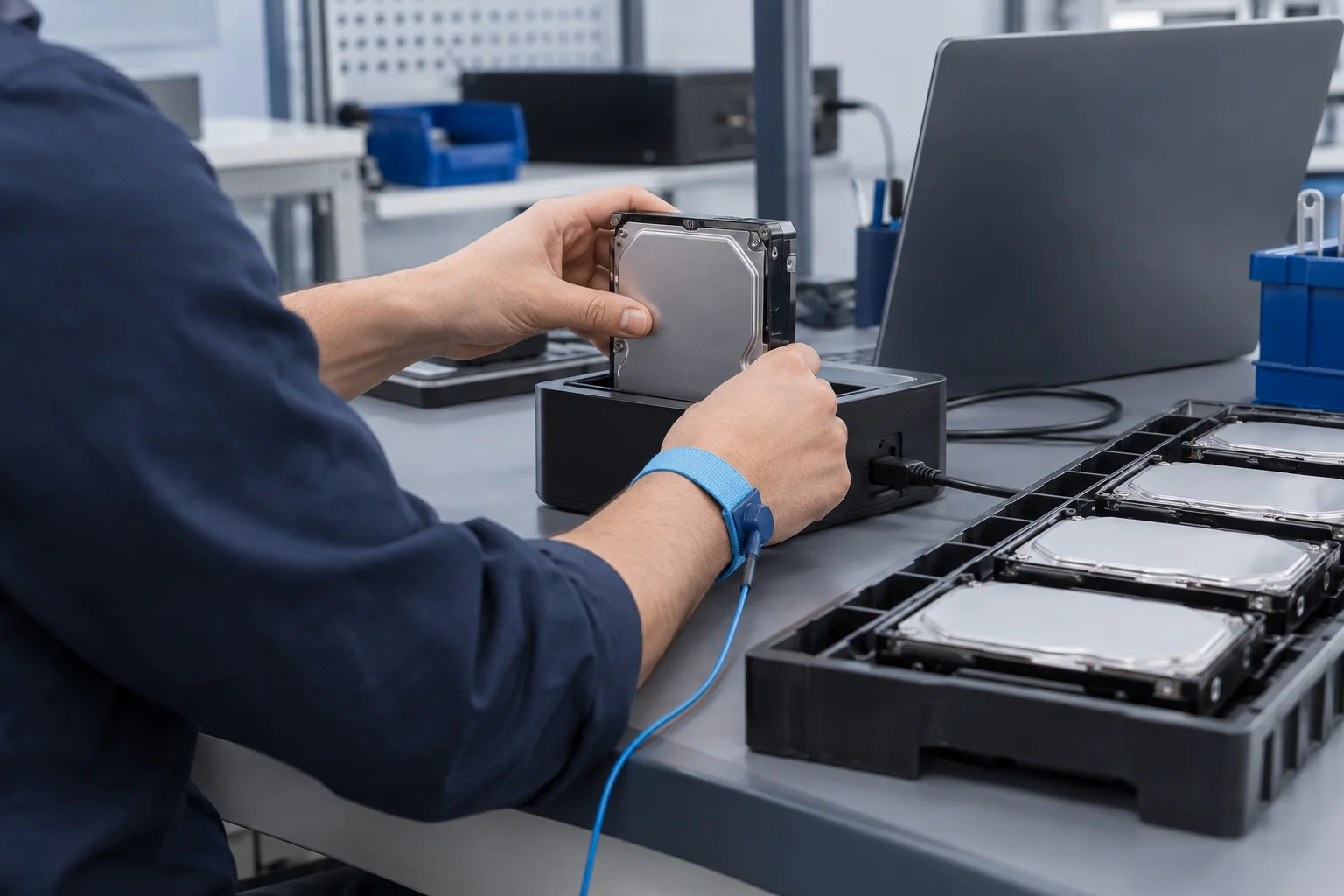 a technician handling drives at an antistatic workbench