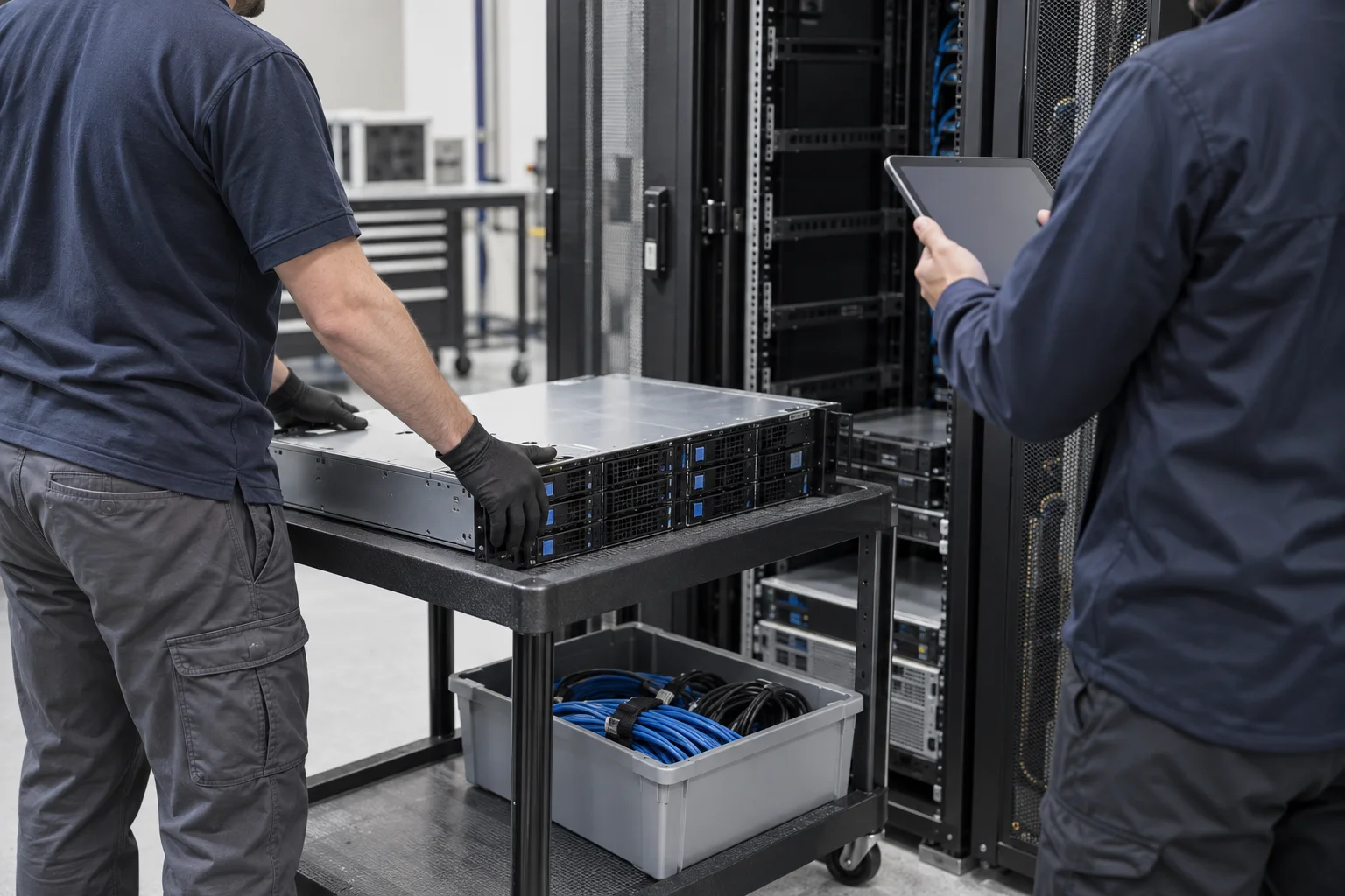 technicians recording equipment removed from a rack