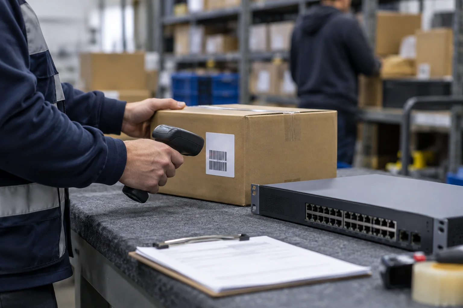 a receiving worker checking a carton beside network hardware