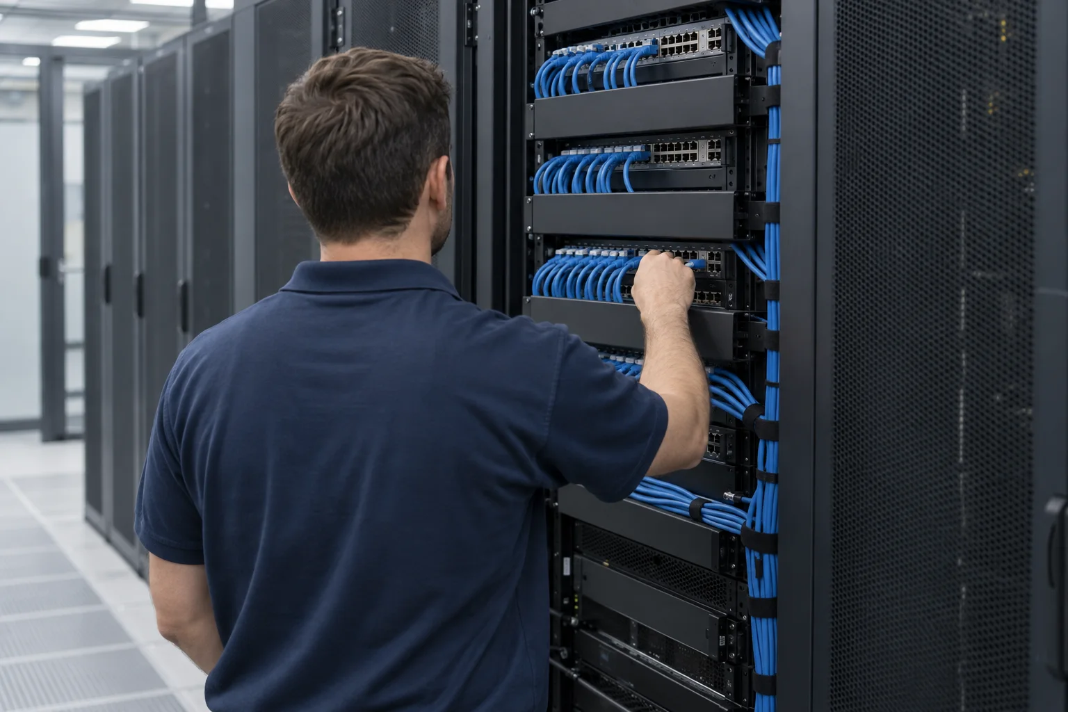 a technician checking connections in a network rack