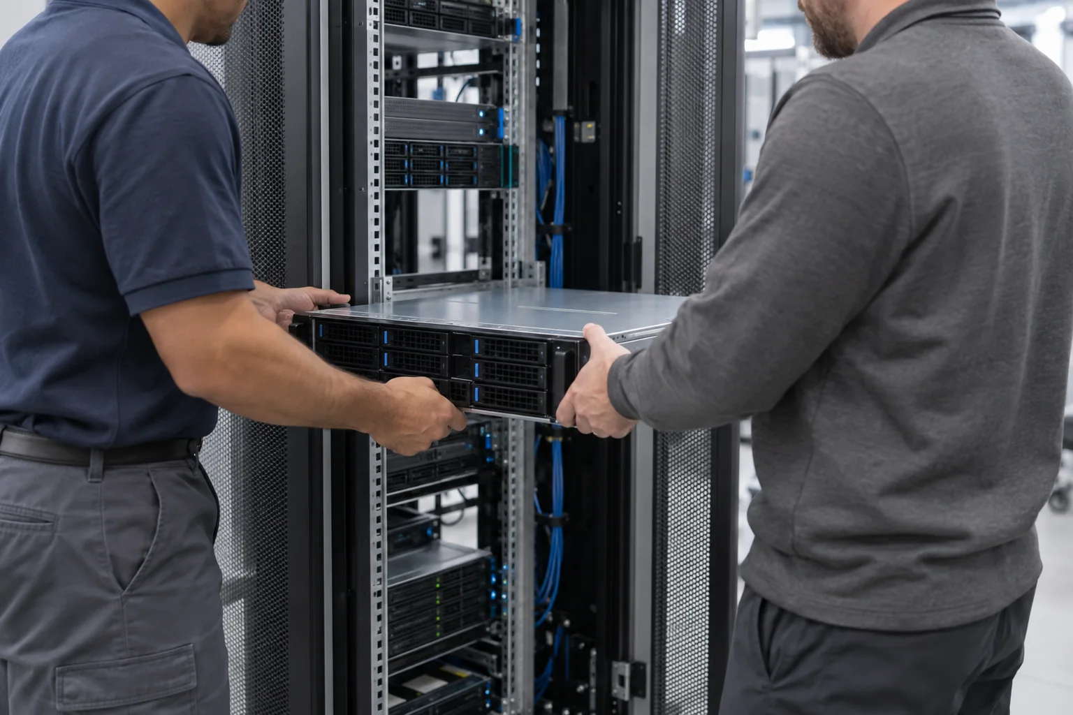 two technicians guiding a server into a rack