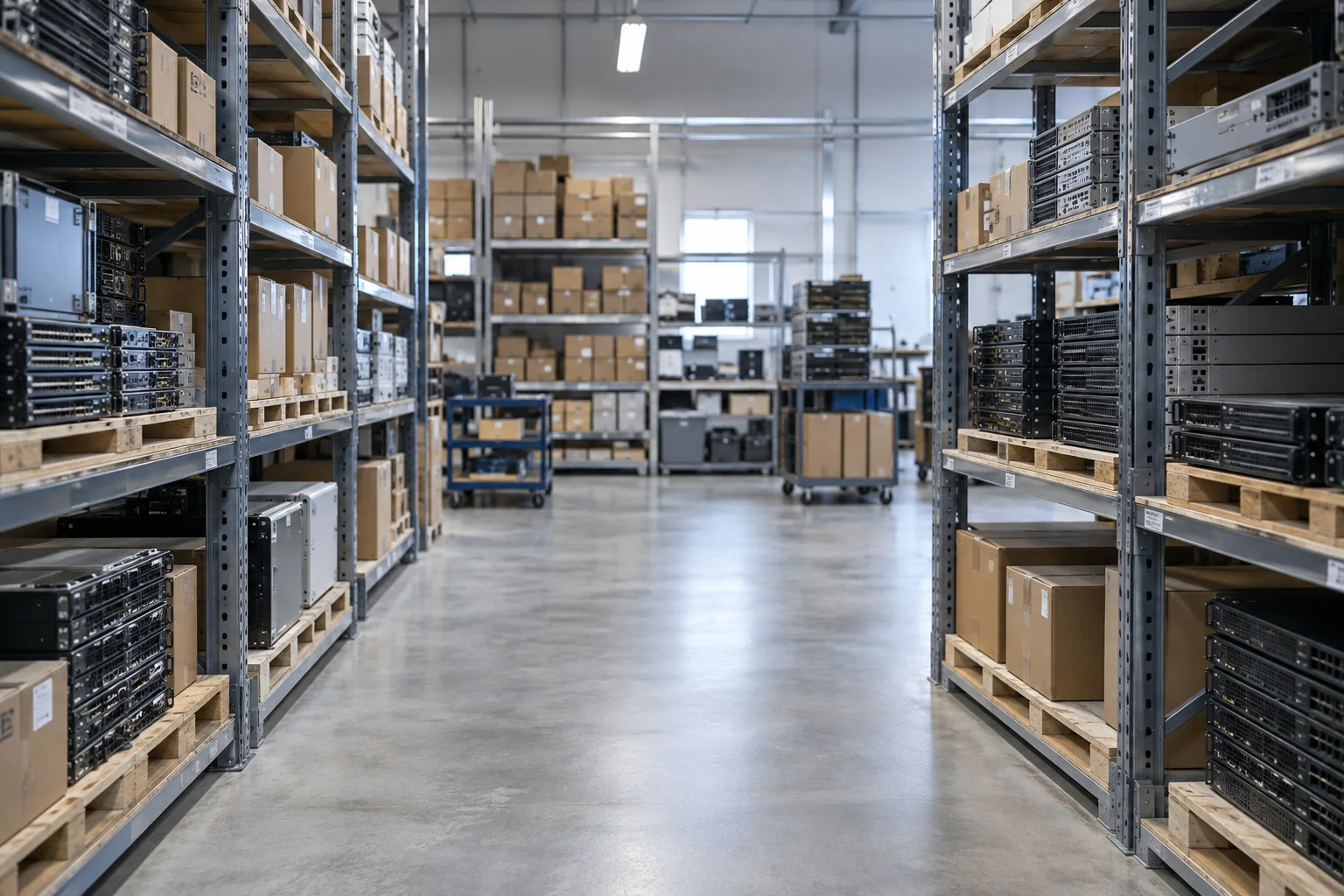 warehouse aisle with organized IT hardware and boxed inventory